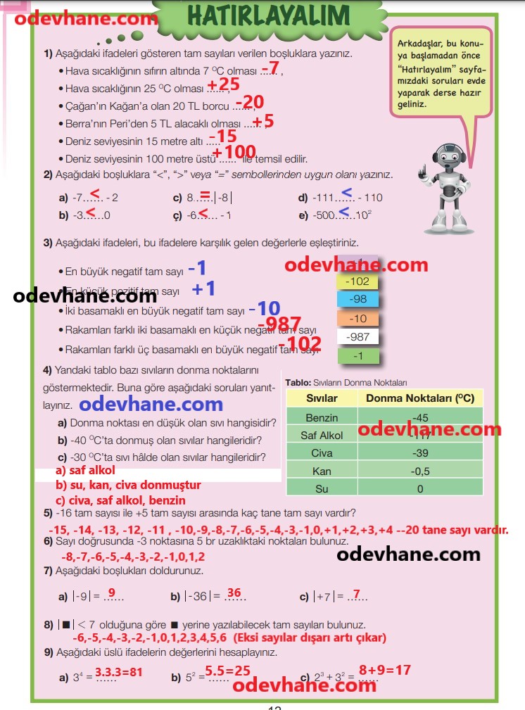 7. Sınıf Matematik Ders Kitabı Sayfa 12 Cevapları MEB Yayınları