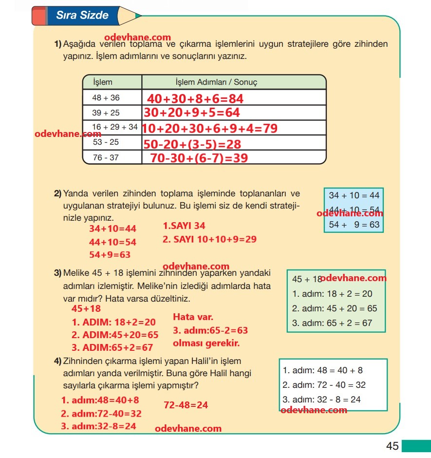 5. Sınıf Matematik Ders Kitabı Sayfa 45 Cevapları MEB Yayınları