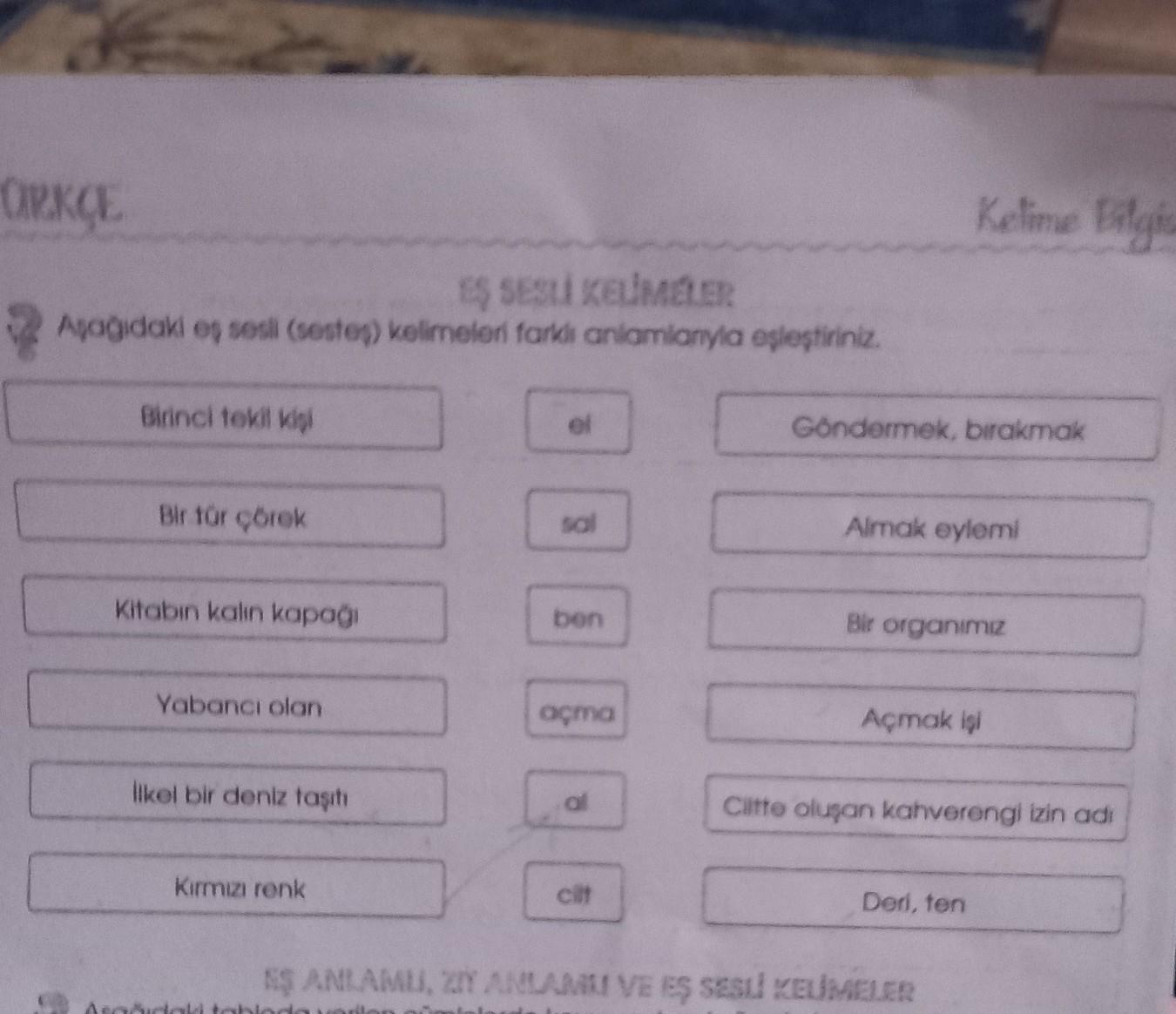 Aşağıdaki eş sesli (sesteş) kelimeleri farklı anlamlarıyla eşleştiriniz.
